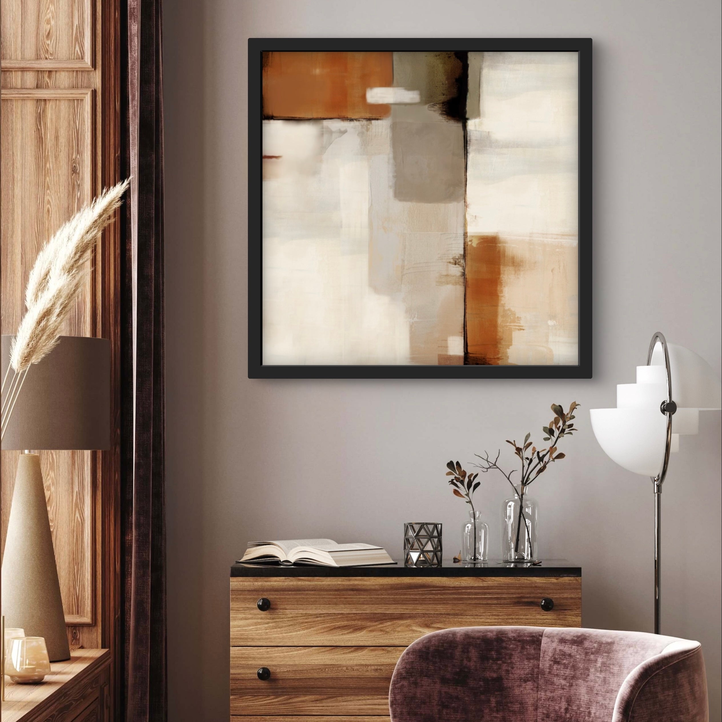 Abstract Art Print Styled With A Walnut Dresser, Mauve Velvet Chair, Globe Floor Lamp, Pampas Grass, And Glass Accents. Perfect For A Minimalist Bedroom Or Study.