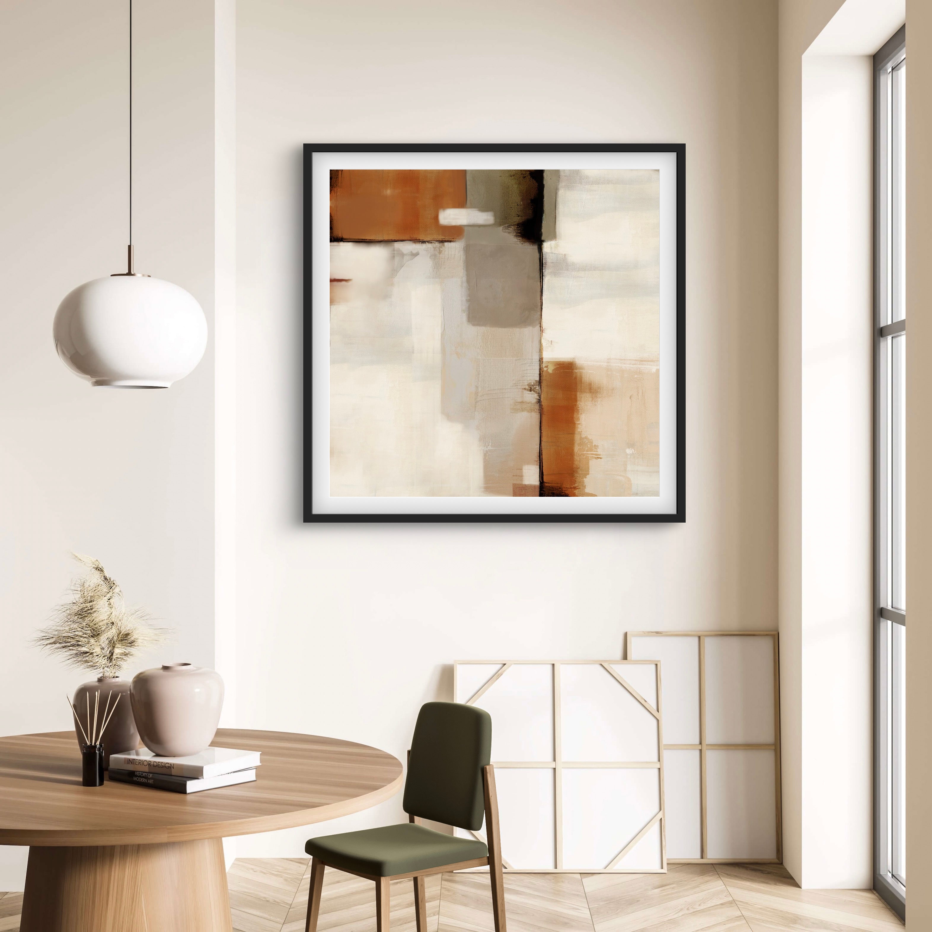 Abstract Art Print Styled With A Round Wood Dining Table, White Globe Pendant, Olive Dining Chair, And Stacked Canvases. Perfect For A Minimalist Dining Room Or Breakfast Nook.