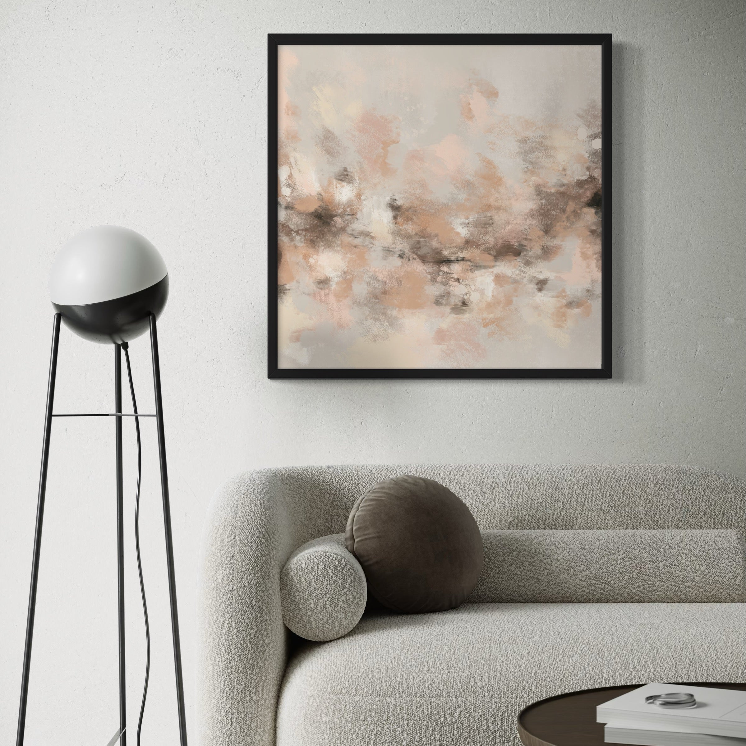 Abstract Art Print Style Styled With A Curved Bouclé Sofa, Modern Tripod Floor Lamp, And Round Coffee Table.  Perfect For A Minimalist Living Room. 