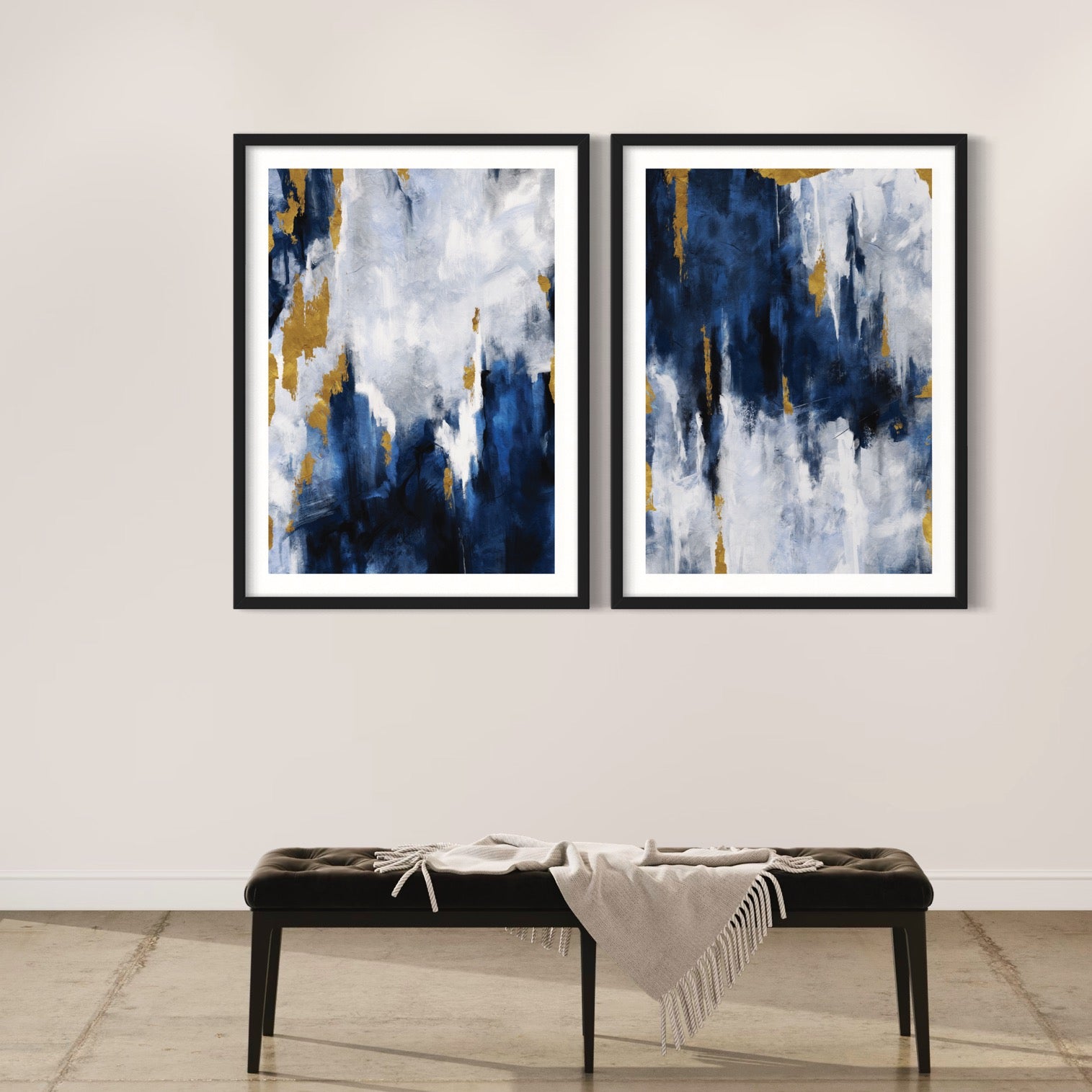 Abstract Art Print Styled With A Black Tufted Bench And Neutral Fringe Throw. Perfect For A Minimalist Entryway Or Hallway.