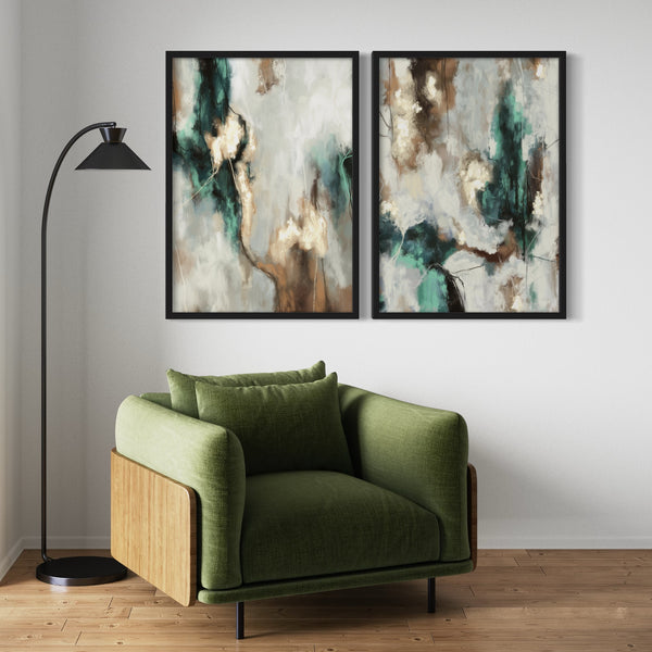 Abstract Art Print Style Styled With A Forest-Green Lounge Chair, Black Arc Floor Lamp, And Warm Wood Floors. Perfect For A Minimalist Reading Nook Or Living Room.