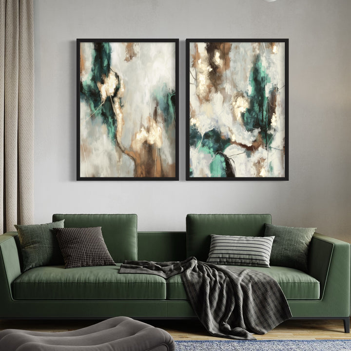 Abstract Art Print Styled With A Forest-Green Sofa, Patterned Pillows, Soft Gray Throw, And A Blue Area Rug. Perfect For A Minimalist Living Room.