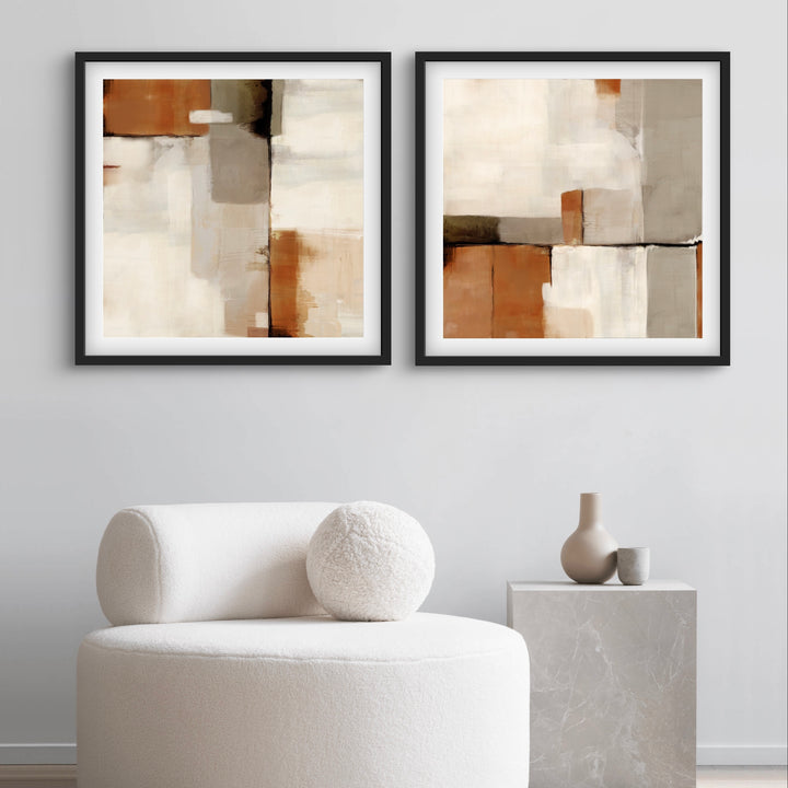 Abstract Art Sahara Styled With A Cream Bouclé Lounge Chair, Stone Side Table, And Neutral Ceramic Vases. Perfect For A Minimalist Living Room Or Sitting Area.