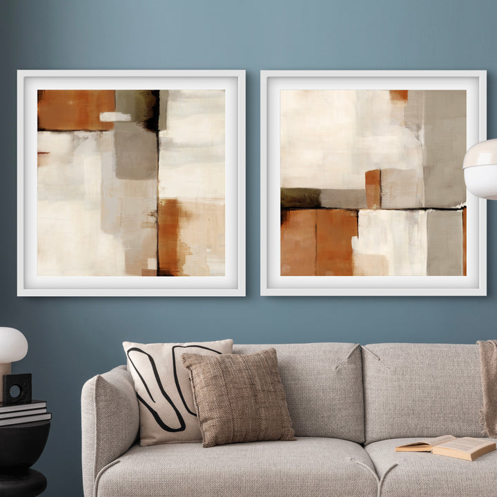 Abstract Art Sahara Styled With A Soft Grey Sofa, Blue-Green Accent Wall, White Dome Table Lamp, And Minimal Books. Perfect For A Minimalist Living Room.