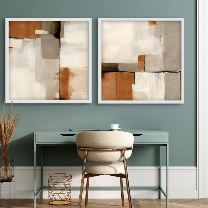Abstract Art Sahara Styled With A Sage Green Writing Desk, Cream Upholstered Chair, And Pampas Grass Accents. Perfect For A Minimalist Home Office Or Study.