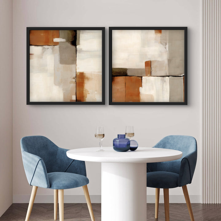 Abstract Art Sahara Styled With A White Pedestal Round Dining Table, Blue Velvet Dining Chairs, Fluted Wall Detail, And Glass Accents. Perfect For A Minimalist Dining Nook.