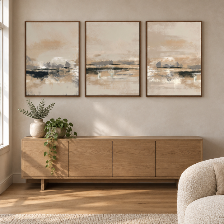 Rome set of three abstract framed canvases in brown wooden frames above an oak sideboard