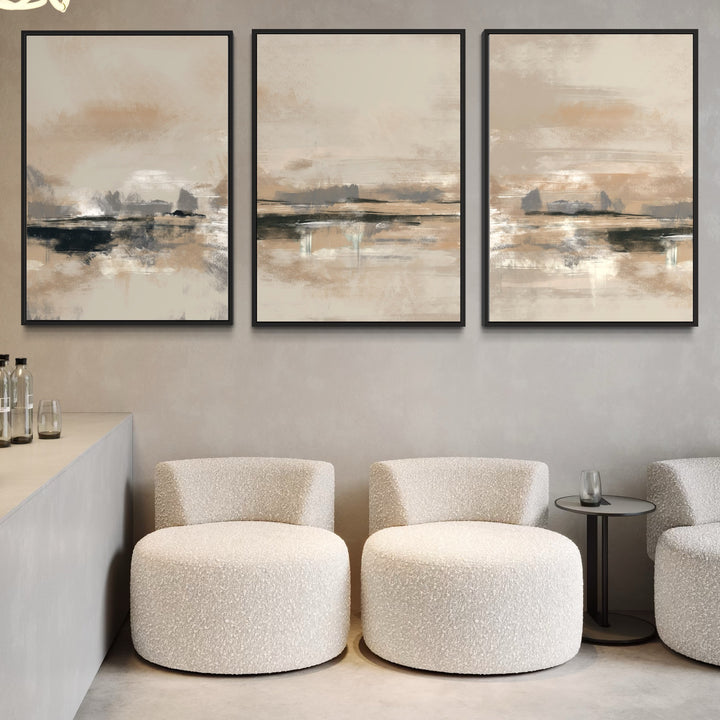 Modern Abstract Art Framed Canvas Styled with Two Cream Bouclé Barrel Chairs, a Round Black Side Table, and a Minimal Concrete Counter with Glass Bottles. Perfect for a Minimalist Living Room.