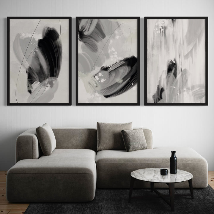 Modern Abstract Art Styled With A Low Grey Modular Sofa, Round Marble Coffee Table, And Minimal Black Accents. Perfect For A Minimalist Living Room.