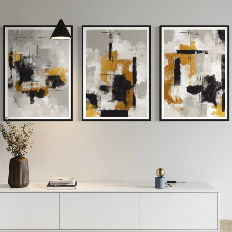 Abstract Art in Golden Noir -  Modern Living Room Wall Art