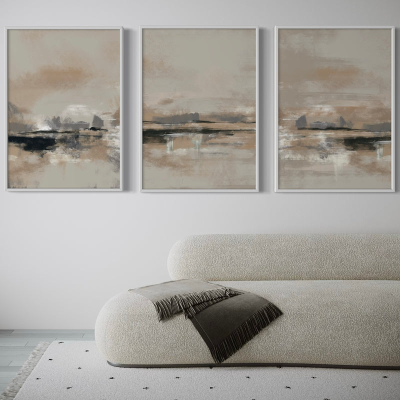 Modern Abstract Art  Styled with an Ivory Bouclé Sofa, Charcoal Fringe Throw, and a Soft Patterned Area Rug. Perfect for a Minimalist Living Room.