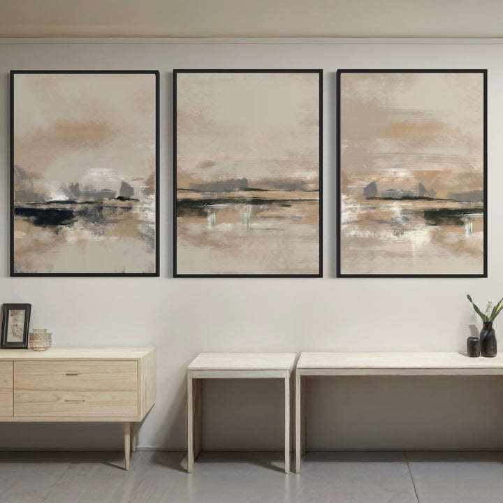 Modern Abstract Art Triptych Styled with a Light Wood Console, Matching Nesting Tables, and Charcoal Ceramic Vases. Perfect for a Minimalist Living Room or Entryway.