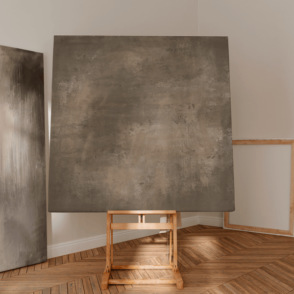 Abstract Canvas Wall Art Styled With A Large Studio Easel, Leaning Canvas, Wood Frames, And Herringbone Floors. Perfect For An Artist’s Loft, Creative Workspace, Or Contemporary Gallery Wall.
