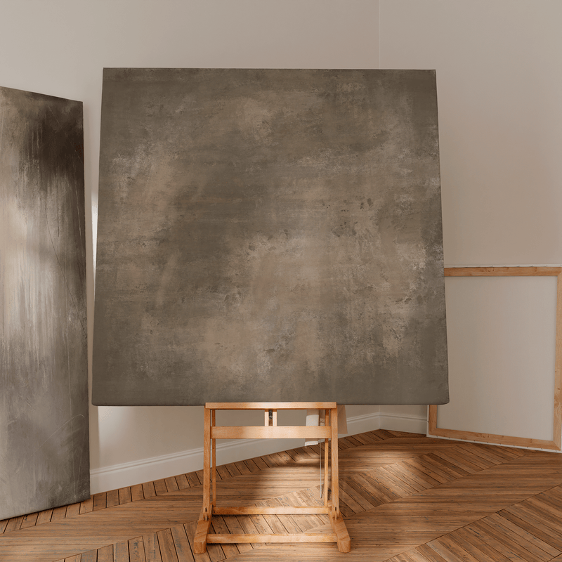 Abstract Canvas Wall Art Styled With A Large Studio Easel, Leaning Canvas, Wood Frames, And Herringbone Floors. Perfect For An Artist’s Loft, Creative Workspace, Or Contemporary Gallery Wall.