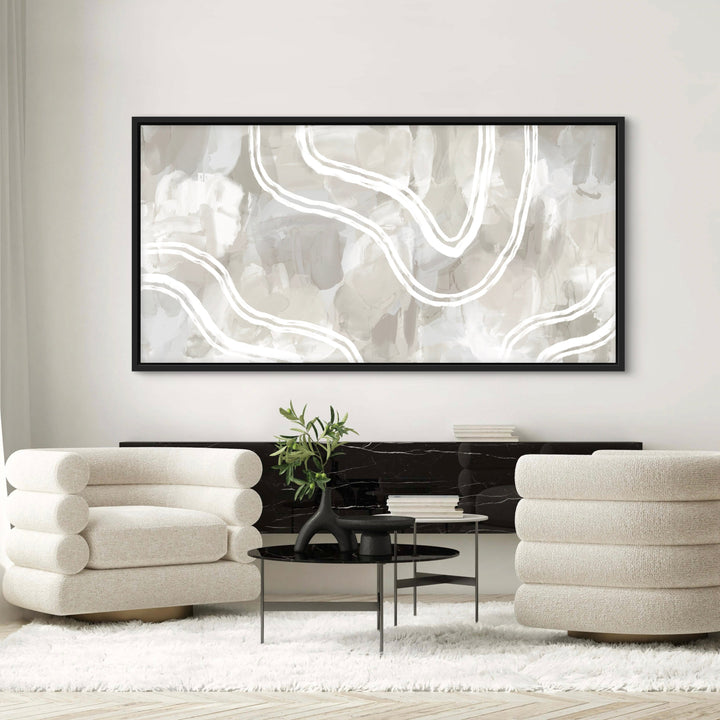 Elegant Modern Living Room Art – Framed Canvas Wall Decor with Two White Single Sofa Chairs, Black Center Table, and Flower Vase