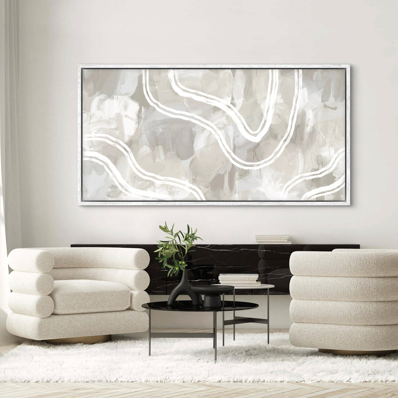 Elegant Modern Living Room Art – Framed Canvas Wall Decor with Two White Single Sofa Chairs, Black Center Table, and Flower Vase
