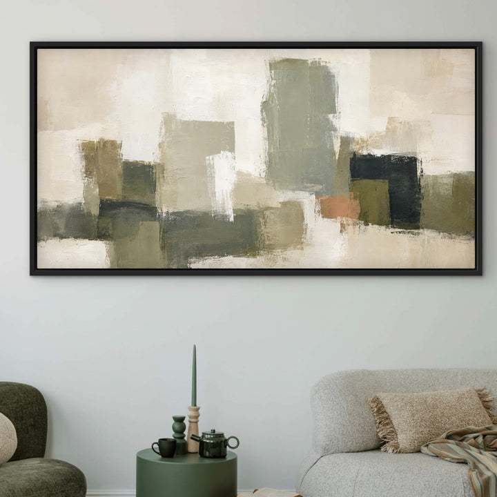 Atelier Blocks textured sage and olive panoramic framed canvas close view