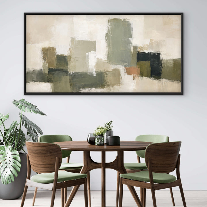 Atelier Blocks green panoramic framed art above a walnut dining table