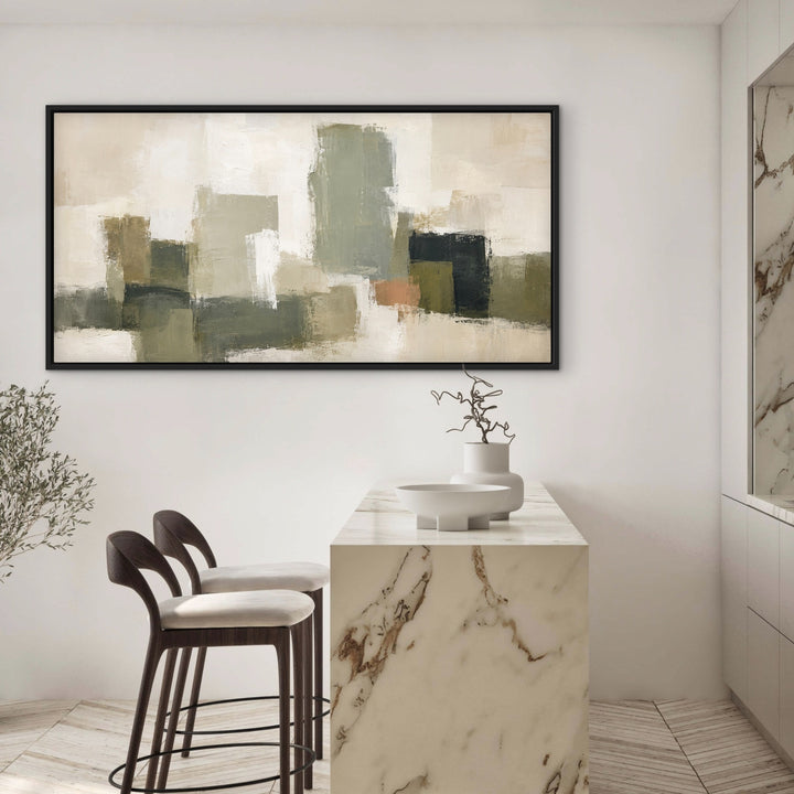 Atelier Blocks luxury panoramic wall art in a contemporary marble kitchen