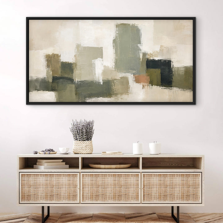 Atelier Blocks panoramic framed canvas above a natural rattan sideboard