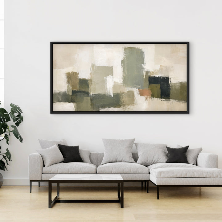 Atelier Blocks extra large panoramic framed canvas above a pale grey corner sofa