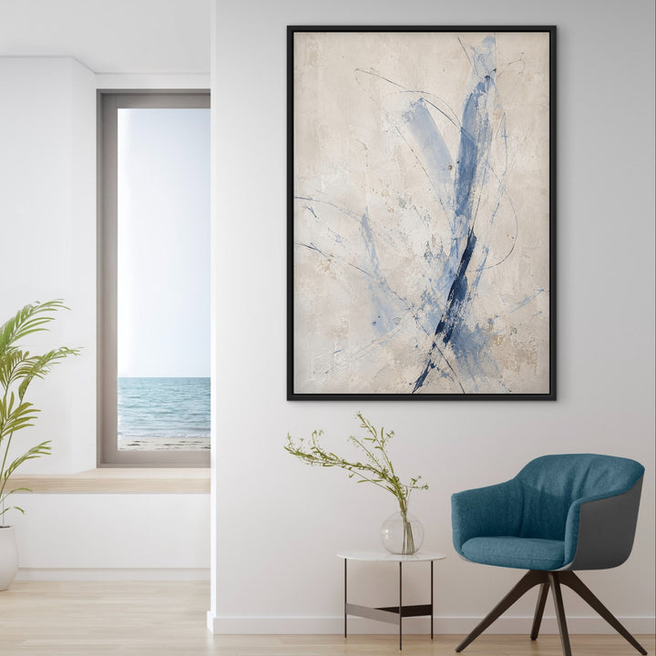 Atelier Lines blue gesture abstract portrait framed canvas in a coastal modern interior