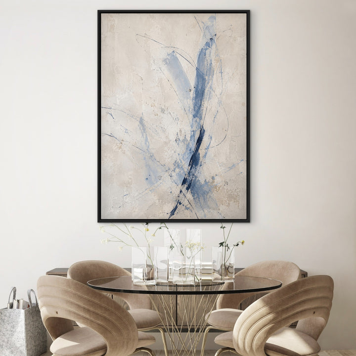 Atelier Lines blue gesture abstract portrait framed canvas in a luxury neutral dining room