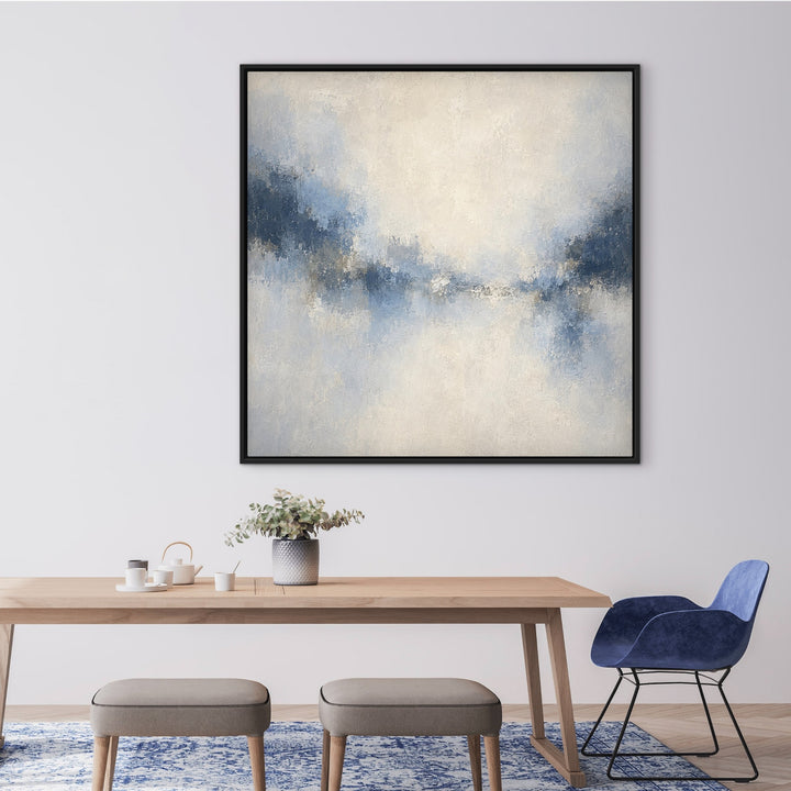 Azure Veil square blue abstract framed canvas in a modern dining room
