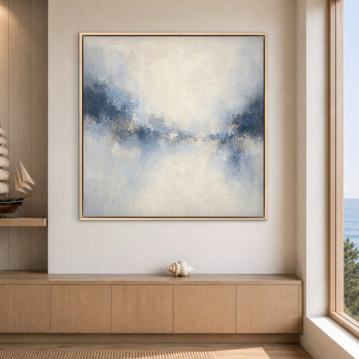 Azure Veil square blue abstract canvas in a natural wood floating frame