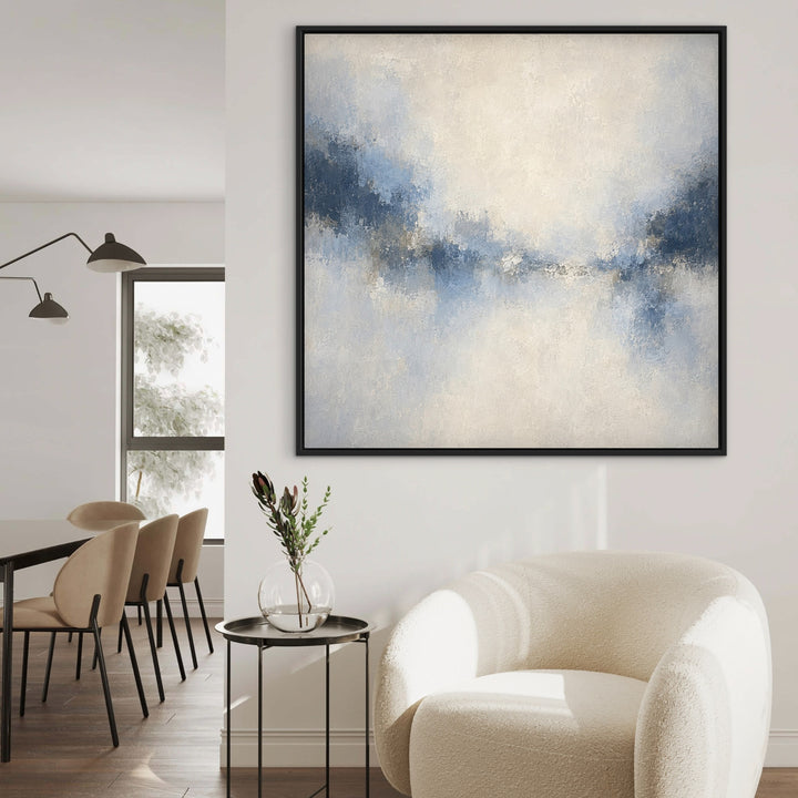 Azure Veil square blue abstract framed canvas in a bright neutral interior