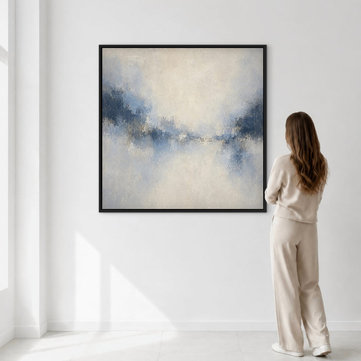 Azure Veil square blue abstract framed canvas shown with a person for scale