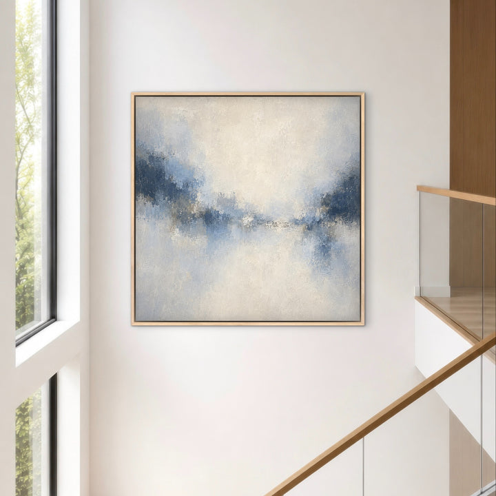 Azure Veil square blue abstract framed canvas on a bright stair landing
