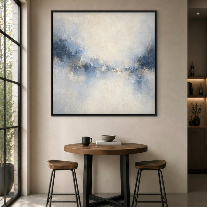 Azure Veil square blue abstract framed canvas in a warm contemporary dining room