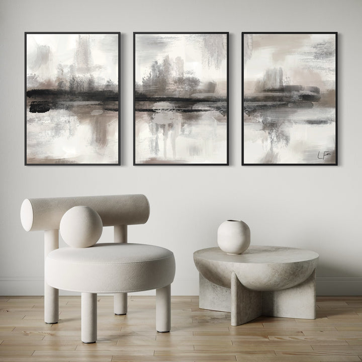Elegant Home Decor Wall Art Styled With A Sculptural Cream Accent Chair, Curved Stone Coffee Table, And A Neutral Wood Floor. Perfect For A Contemporary Minimalist Living Room.
