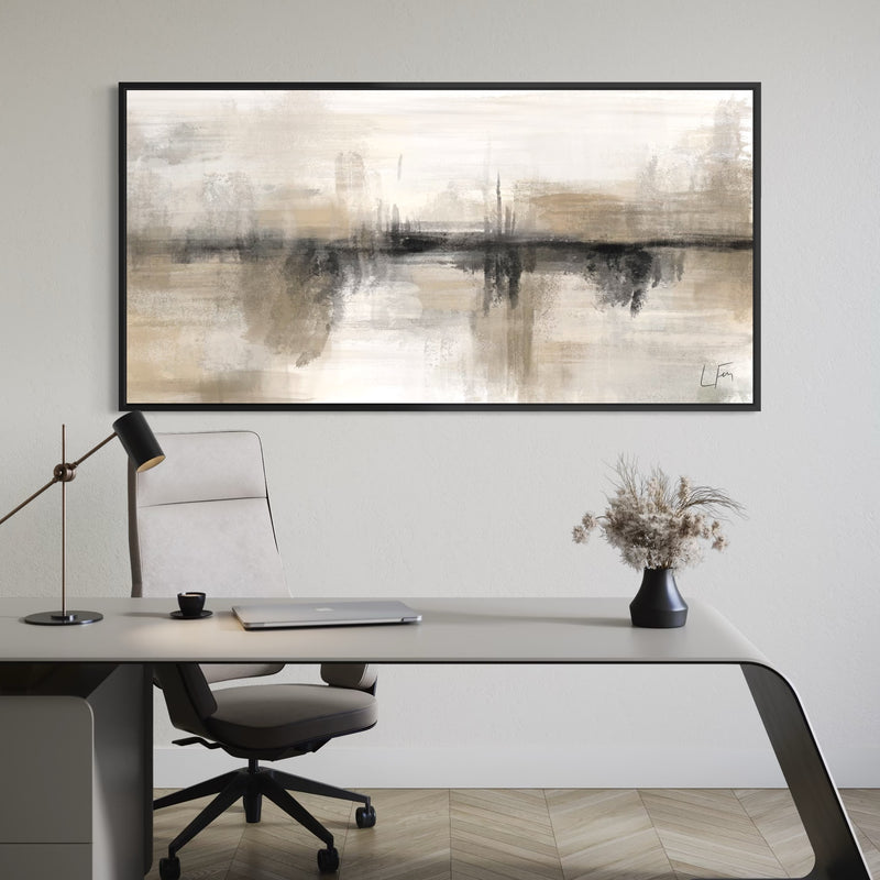 Modern Home Decor Style Wall Art  Styled With A Sleek Curved Executive Desk, Neutral Upholstered Office Chair, Black Modern Desk Lamp, And A Textured Dried Floral Arrangement. Perfect For A Contemporary Home Office.