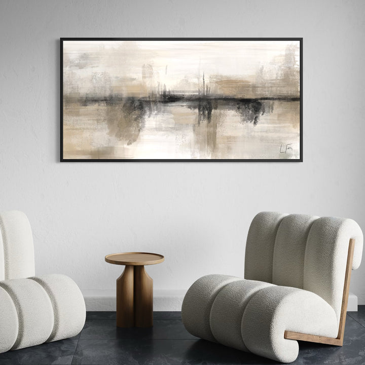 Modern Home Decor Style Wall Art Styled With Curved Cream Bouclé Lounge Chairs, A Sculptural Wood Side Table, And Sleek Stone Flooring. Perfect For A Sophisticated Contemporary Living Space.