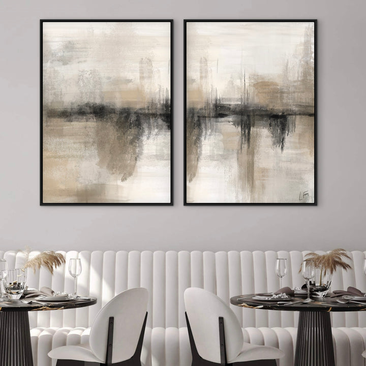 Modern Minimalist Wall Art Style Styled With A Cream Channel-Tufted Banquette, Black Round Dining Tables, And Elegant Neutral Table Decor. Perfect For A Chic Contemporary Dining Room.