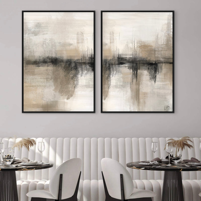 Modern Minimalist Wall Art Style Styled With A Cream Channel-Tufted Banquette, Black Round Dining Tables, And Elegant Neutral Table Decor. Perfect For A Chic Contemporary Dining Room.