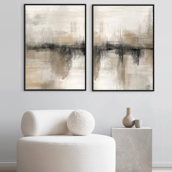 Modern Minimalist Wall Art Style Styled With A Cream Bouclé Lounge Chair, Round Textured Pillow, And A Marble Pedestal With Ceramic Vases. Perfect For A Calm Contemporary Living Room.