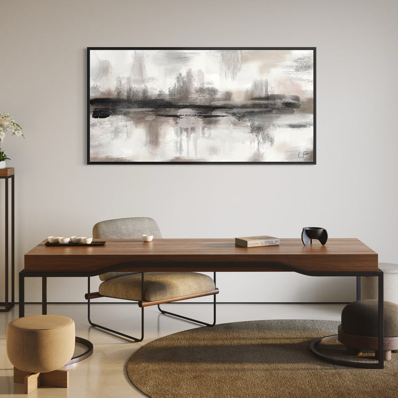 Minimalist Home Decor Wall Art Styled With A Warm Walnut Wood Table, Soft Taupe Upholstered Chair, Contemporary Tea Set, Sculptural Decor Pieces, And A Textured Round Area Rug. Perfect For A Calm And Sophisticated Modern Workspace.