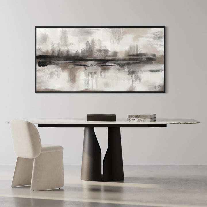 Minimalist Home Decor Wall Art Styled With A Sculptural Black Base Dining Table, Cream Upholstered Chair, Stacked Design Books, And A Sleek Contemporary Centerpiece. Perfect For A Sophisticated Modern Dining Room.