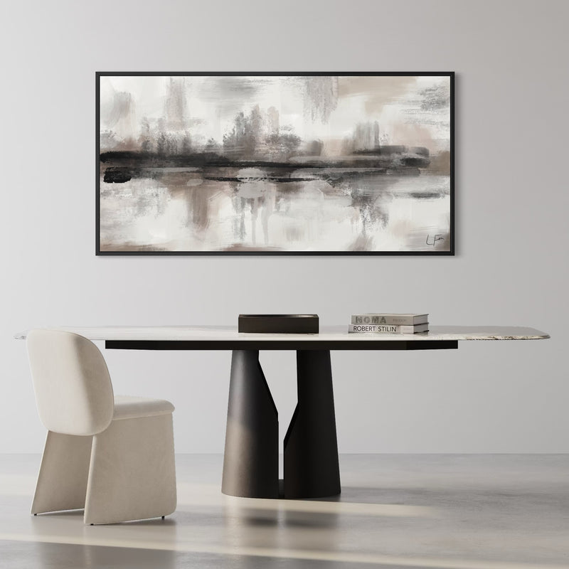 Minimalist Home Decor Wall Art Styled With A Sculptural Black Base Dining Table, Cream Upholstered Chair, Stacked Design Books, And A Sleek Contemporary Centerpiece. Perfect For A Sophisticated Modern Dining Room.