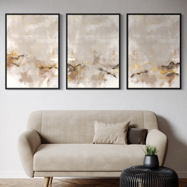 Calming Neutral Abstract Wall Art Styled With A Soft Beige Sofa, Neutral Throw Pillows, And A Black Woven Coffee Table. Perfect For A Contemporary Living Room.