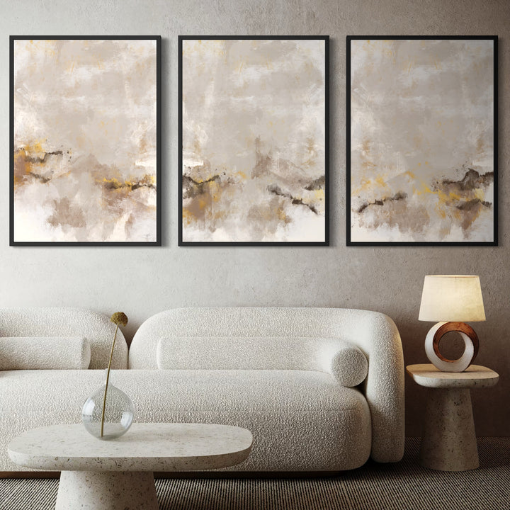 Calming Neutral Abstract Wall Art Styled With A Curved Cream Bouclé Sofa, Textured Stone Coffee Table, And Sculptural Table Lamp. Perfect For A Cozy Contemporary Living Room.