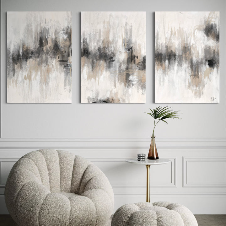 Abstract Art Canvas Home Wall Decor Styled With Curved Bouclé Chairs And A Modern Marble Accent Table. Perfect For A Serene Contemporary Living Room.