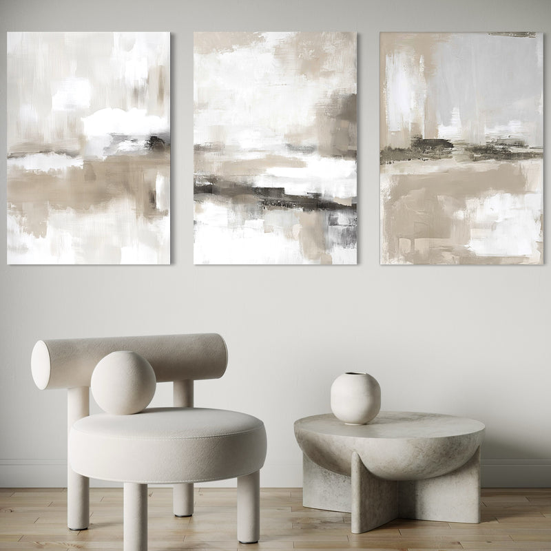Elegant Minimalist Wall Art Decor Styled With A Modern Sculptural Cream Chair And A Stone Accent Side Table With A Minimal Ceramic Vase. Perfect For A Neutral Minimalist Living Room.