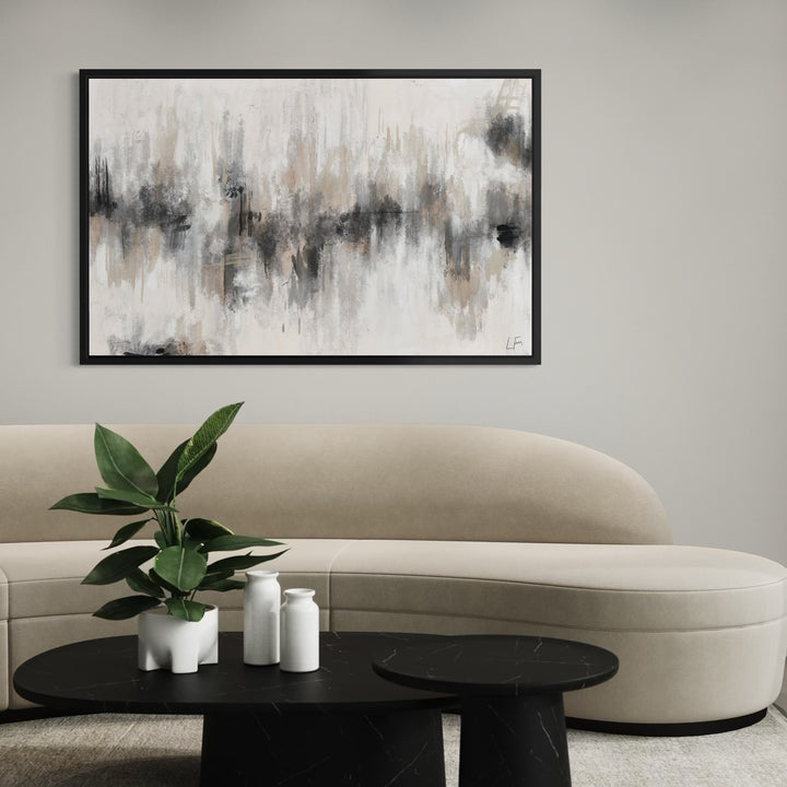 Neutral Luxe Abstract Wall Decor Styled With A Curved Cream Sofa, Black Marble Coffee Tables, And Neutral Ceramic Decor. Perfect For A Contemporary Living Room.