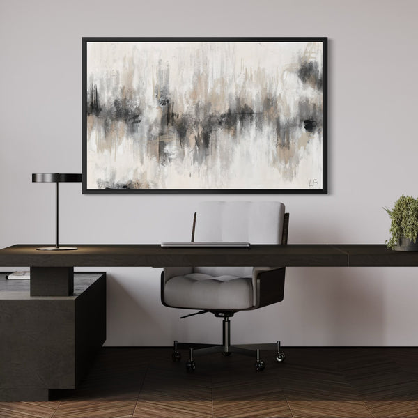 Neutral Luxe Abstract Wall Decor Styled With A Dark Wood Executive Desk, Grey Upholstered Office Chair, And Sleek Black Desk Lamp. Perfect For A Contemporary Home Office.