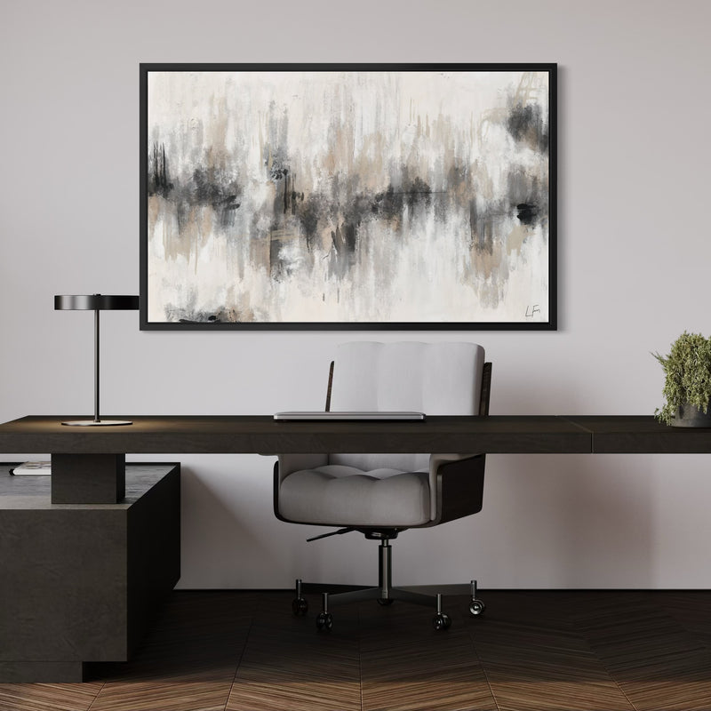 Neutral Luxe Abstract Wall Decor Styled With A Dark Wood Executive Desk, Grey Upholstered Office Chair, And Sleek Black Desk Lamp. Perfect For A Contemporary Home Office.