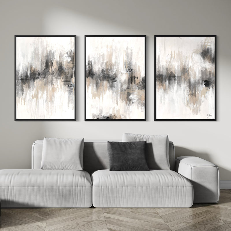 Modern Abstract Wall Art Styled With A Soft Light Grey Sofa, Layered Neutral Pillows, And Warm Natural Flooring. Perfect For A Contemporary Living Room.